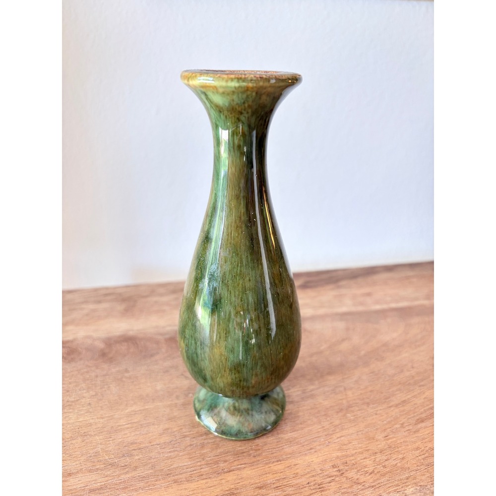 Vintage Green Drip Glaze Ceramic Bud Vase Pedestal Foot Mid Century Style
